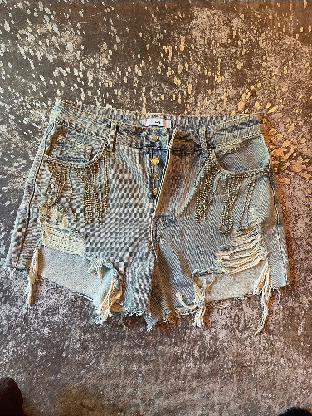 Beaded Distressed Denim Shorts in Light Blue